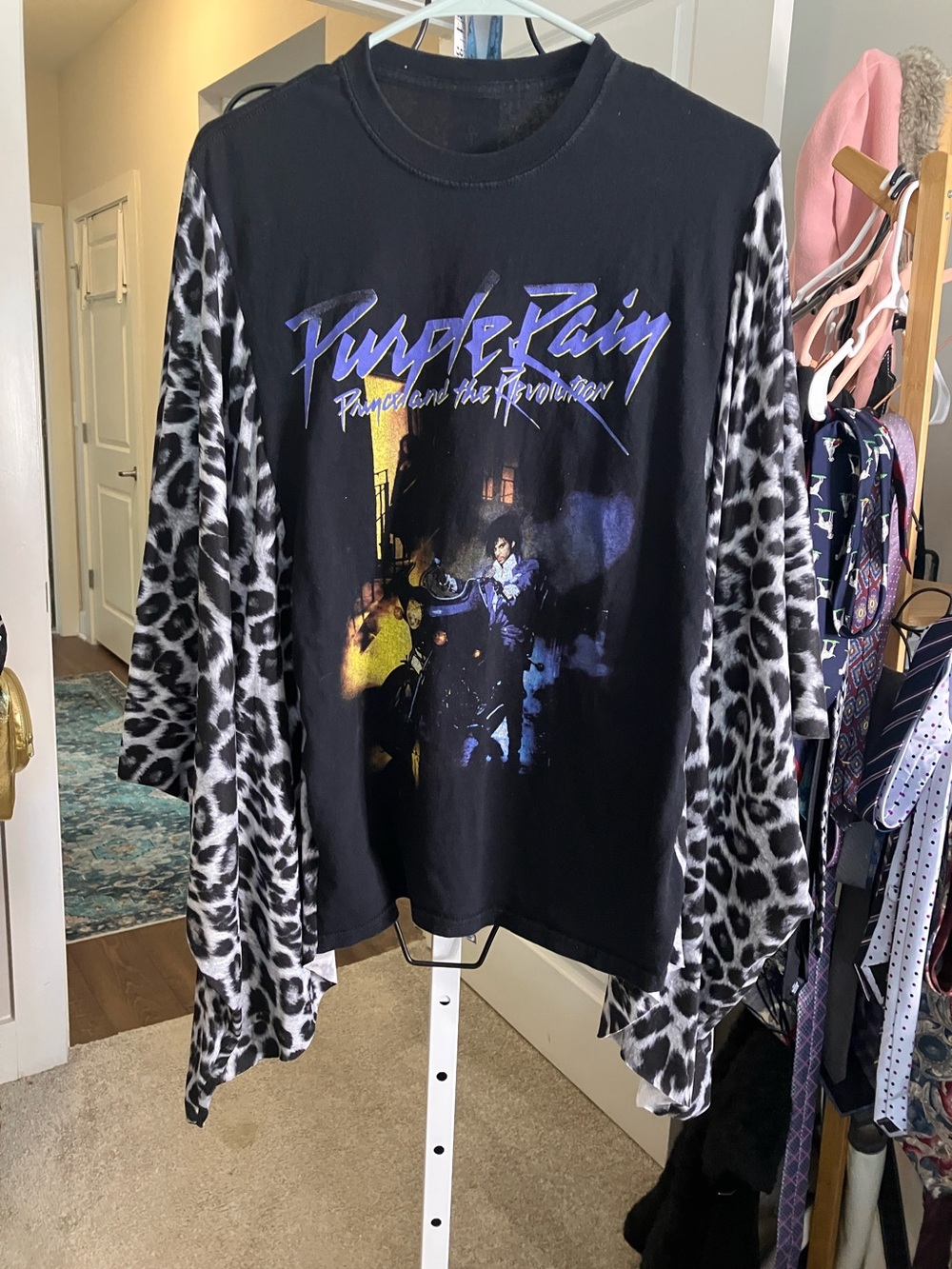 Black 'Purple Rain' Graphic Long Sleeve Tee with Leopard Print Sleeves